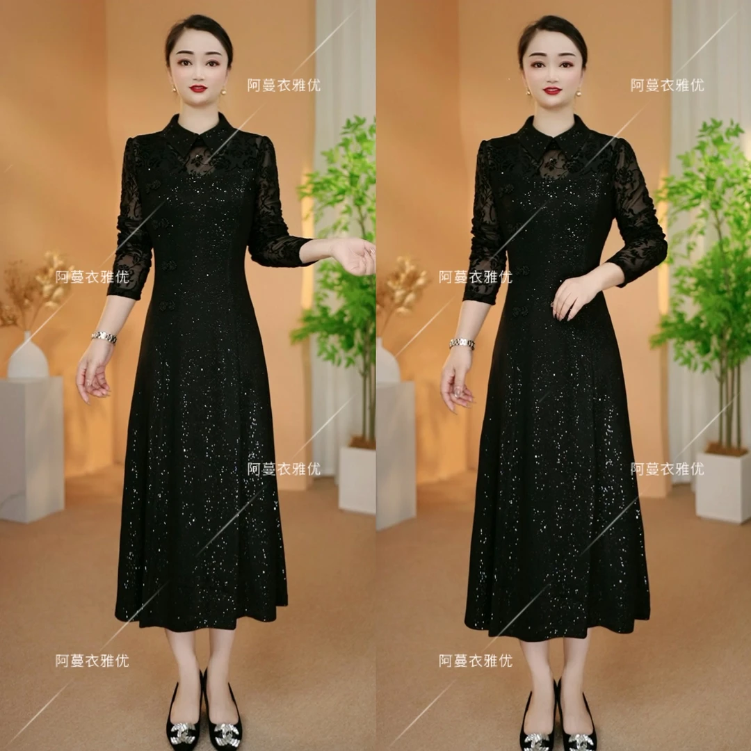 【衣雅严选】8206-2270#蕾丝植绒提花拼接时尚百搭烫金长袖连衣裙