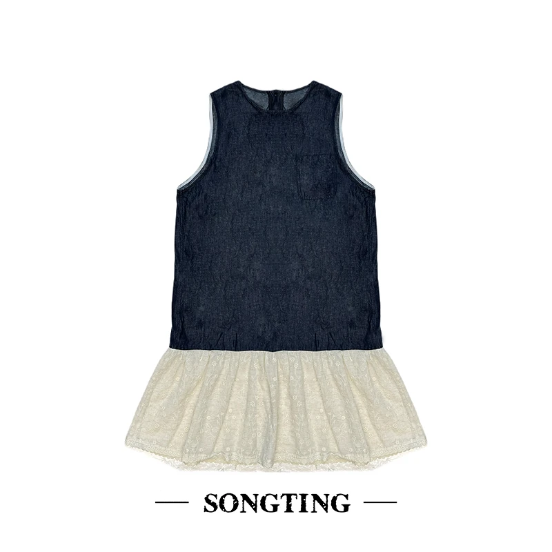 SONG TING｜设计师品牌牛仔蓝拼接无袖连衣裙