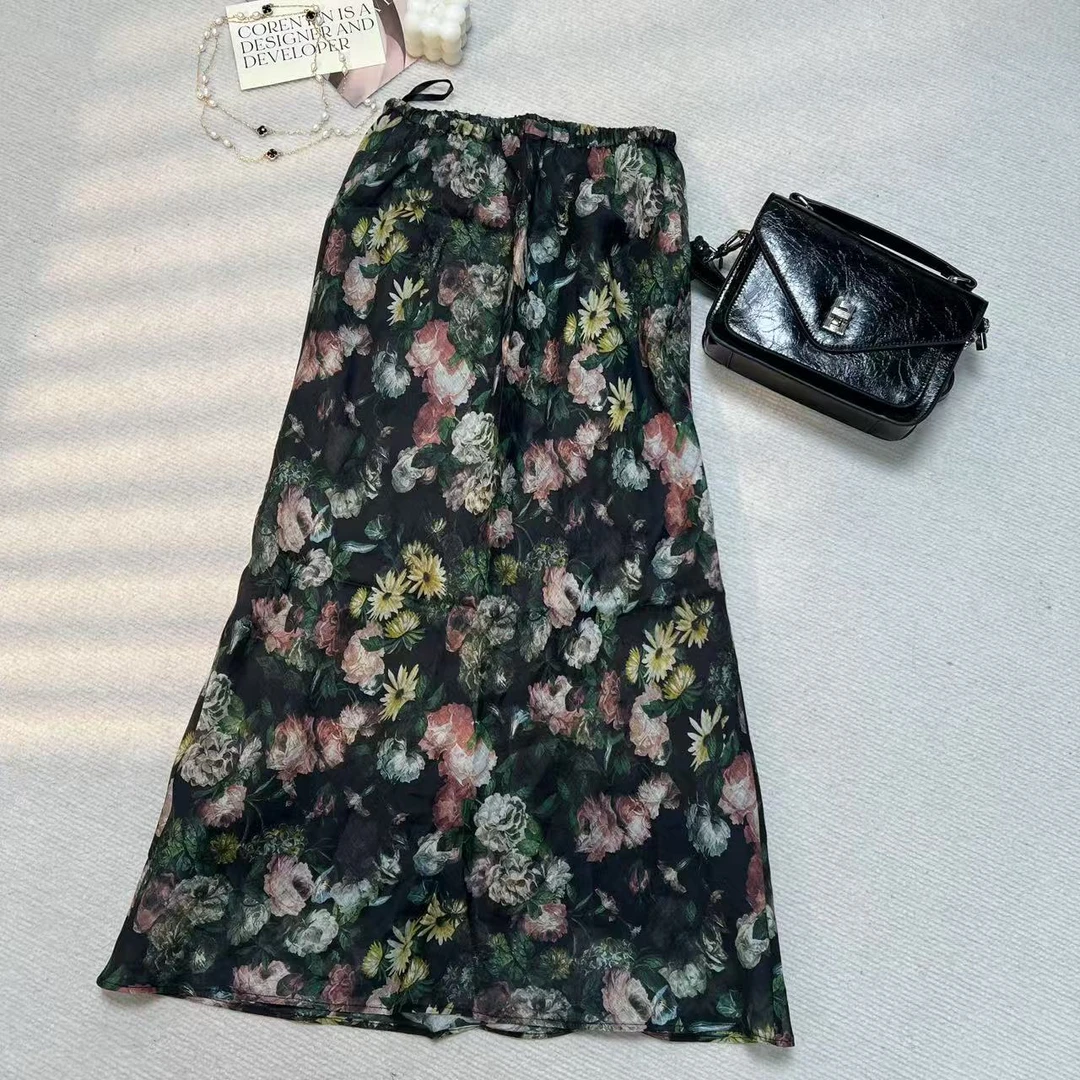 【小黑家】长87高端苎麻超透气斜裁气质显瘦印花松紧腰半身裙