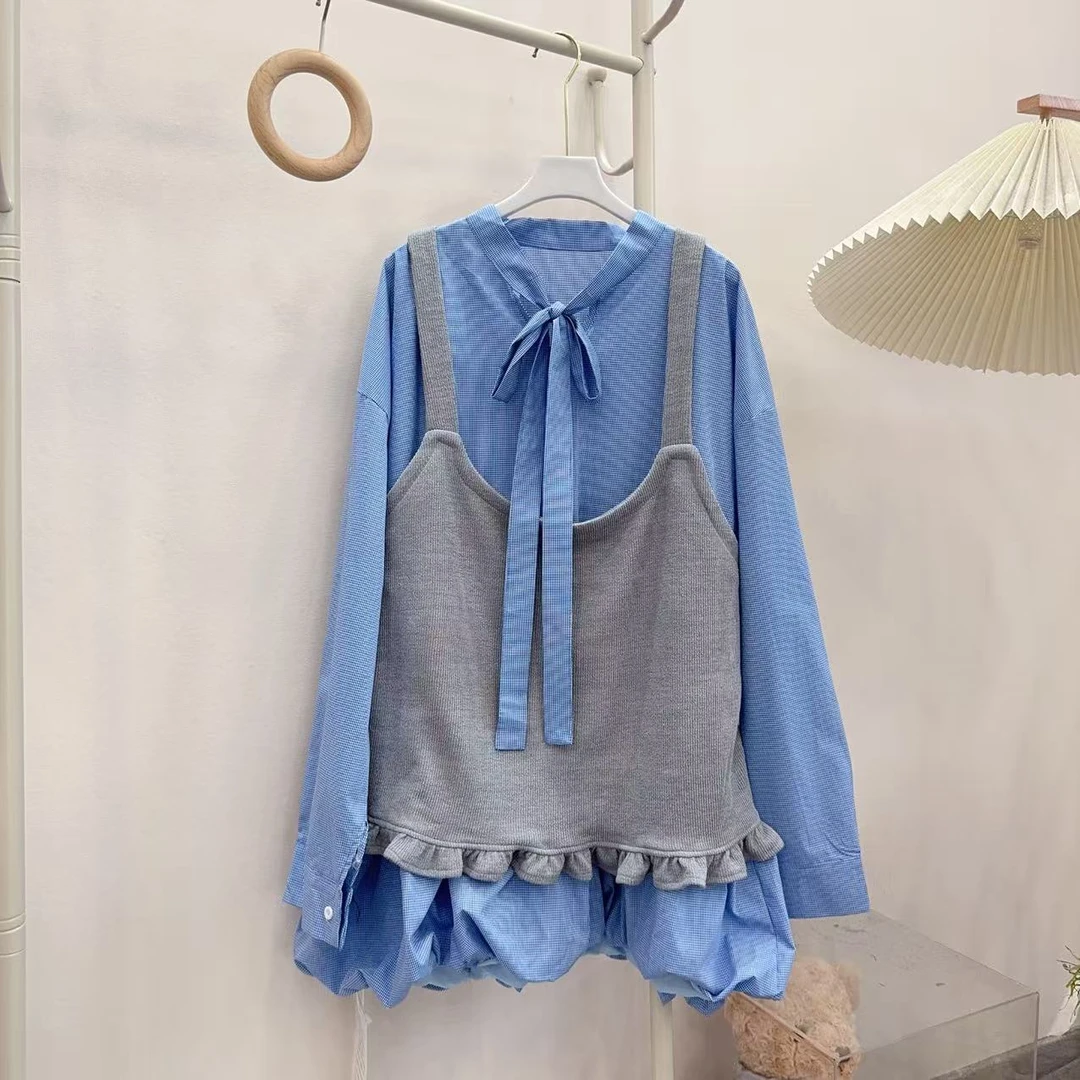 胖胖家*60012新款格子蝴蝶结连衣裙马甲两件套