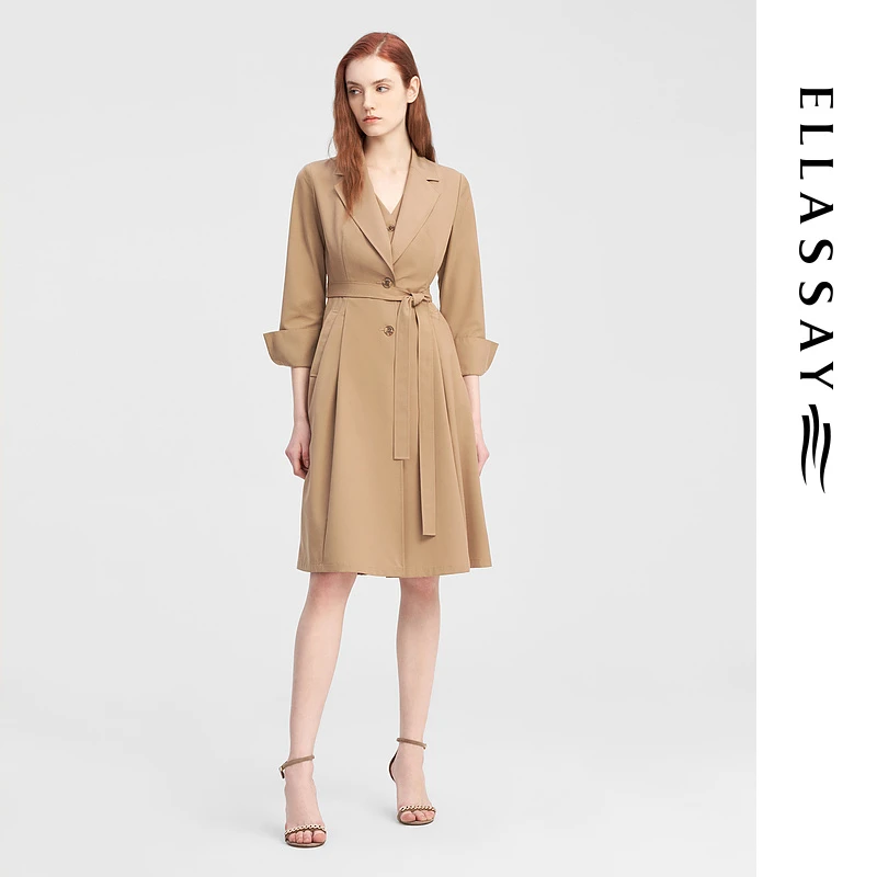 ELLASSAY歌力思新款雅丹风翻领假两件风衣连衣裙女EWE343Y05900