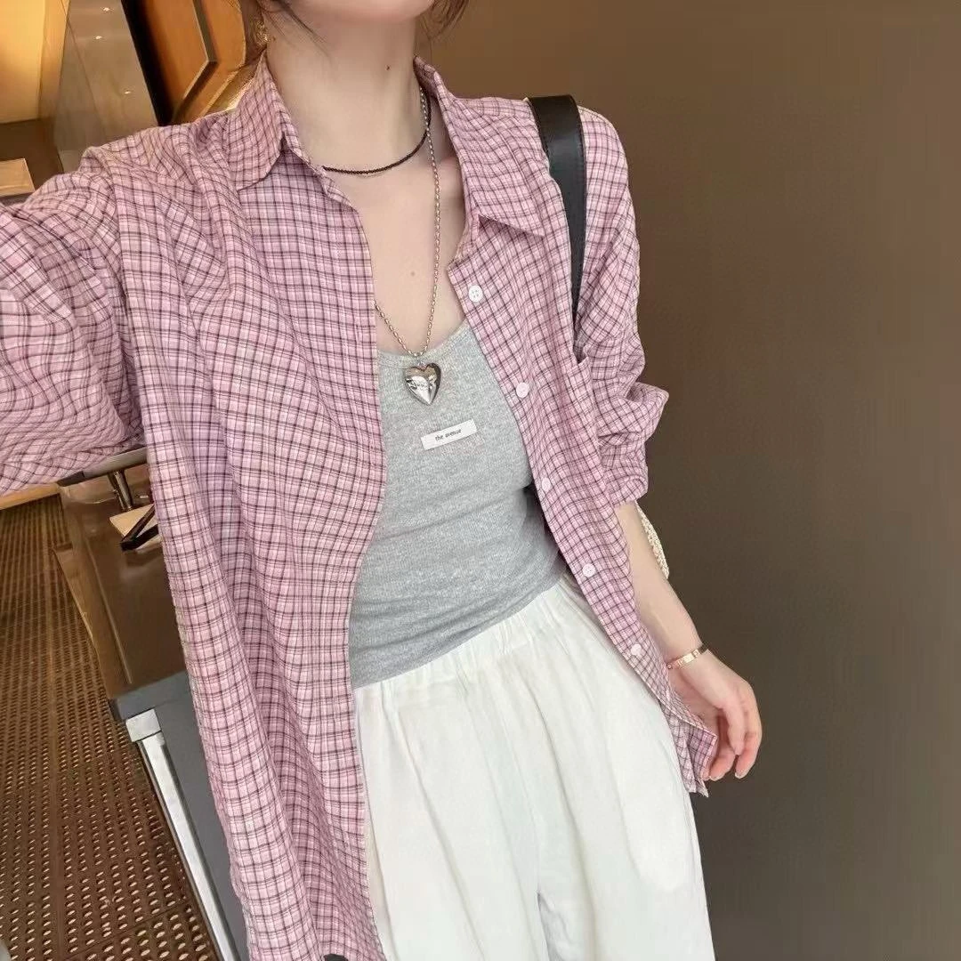 现~comma韩国东大门代购女2025夏季时尚翻领韩版宽松格子防晒衬衫