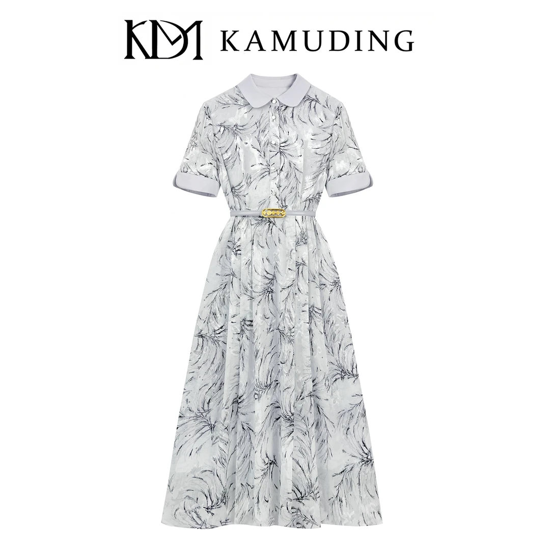 KAMUDING2025新款法式复古文艺范优雅气质灰白枝叶印花连衣裙8805