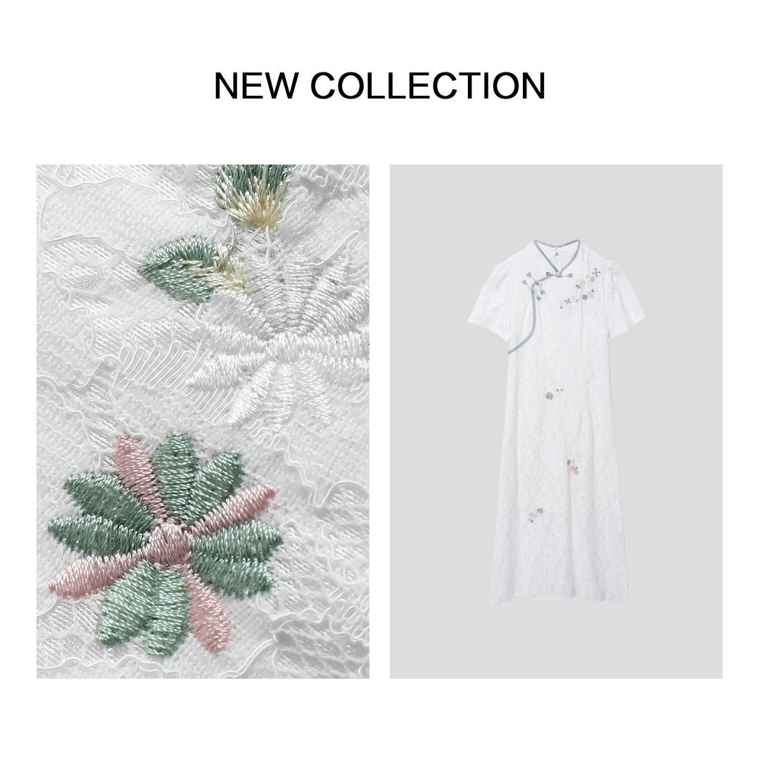 【洛美美专属】L1F27050 舒适百搭收腰中长款刺绣连衣裙