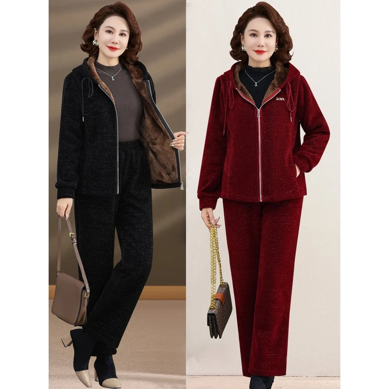 妈妈秋冬套装加绒加厚连帽中年女装运动装宽松两件套阔太太运动服