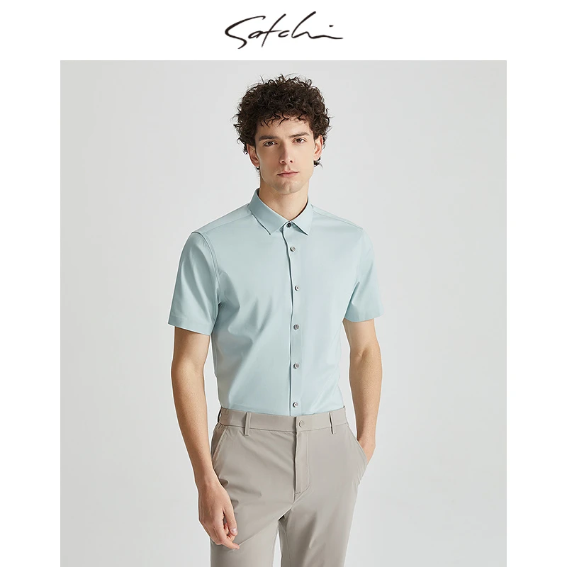 【清新莫代尔】SATCHI沙驰男装男士短袖衬衫商务休闲透气高级衬衣