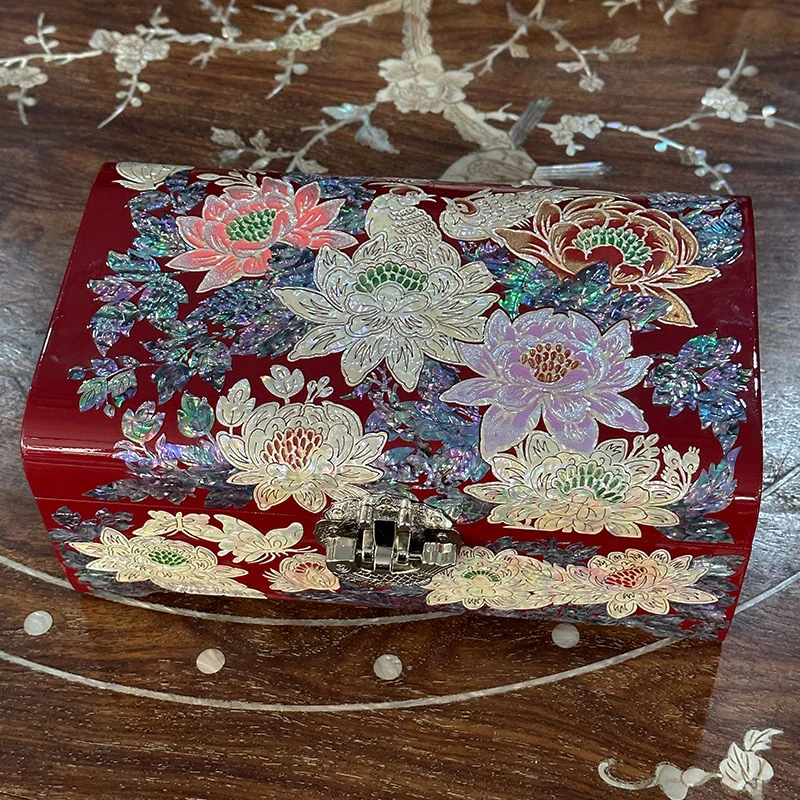 锦上添花满贝底圆弧枕型螺钿漆器首饰盒高档生日婚嫁传家陪嫁礼品