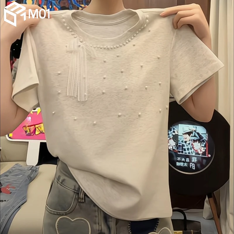 M01法式圆领重工珍珠拼接蝴蝶结短袖T恤女新款休闲显瘦百搭上衣