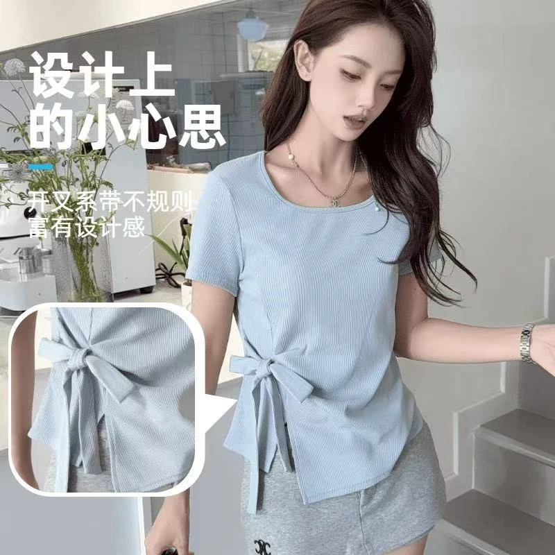 设计感小众百搭洋气开叉不规则螺纹短袖T恤女弹力修身蝴蝶结上衣