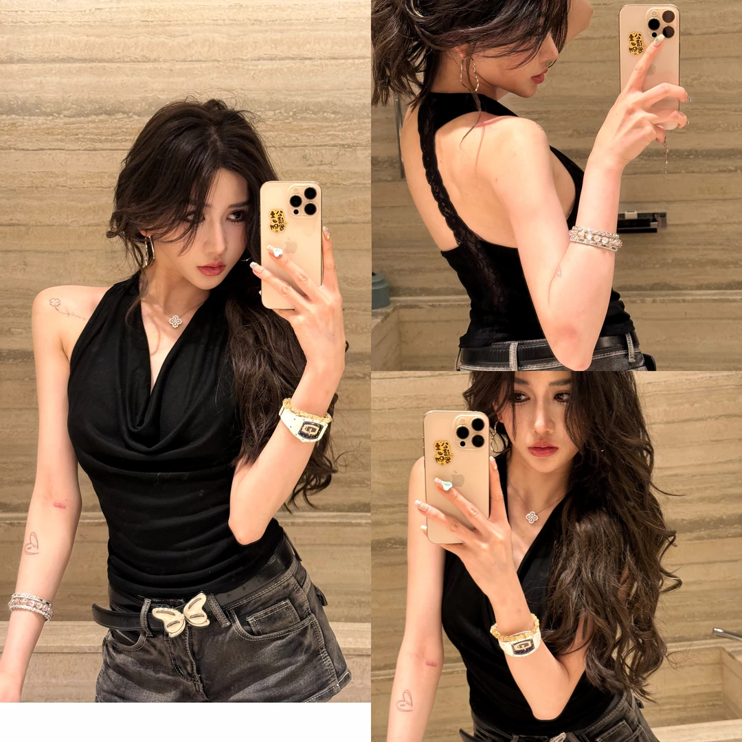 蕾丝接拼露背荡领吊带背心上衣