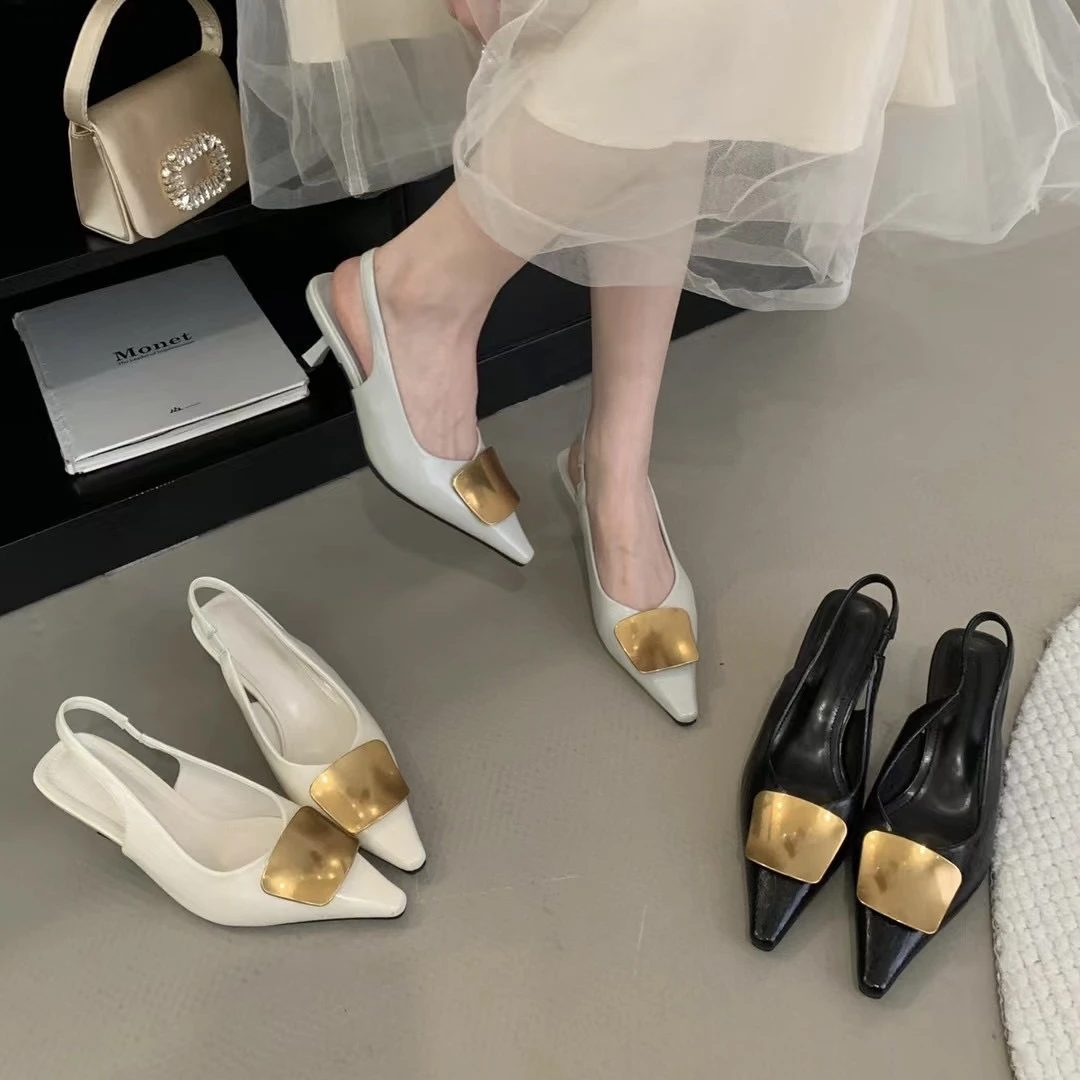 法式尖头高跟鞋猫跟单鞋女2025春夏新款气质后空细跟鞋工作鞋黑色