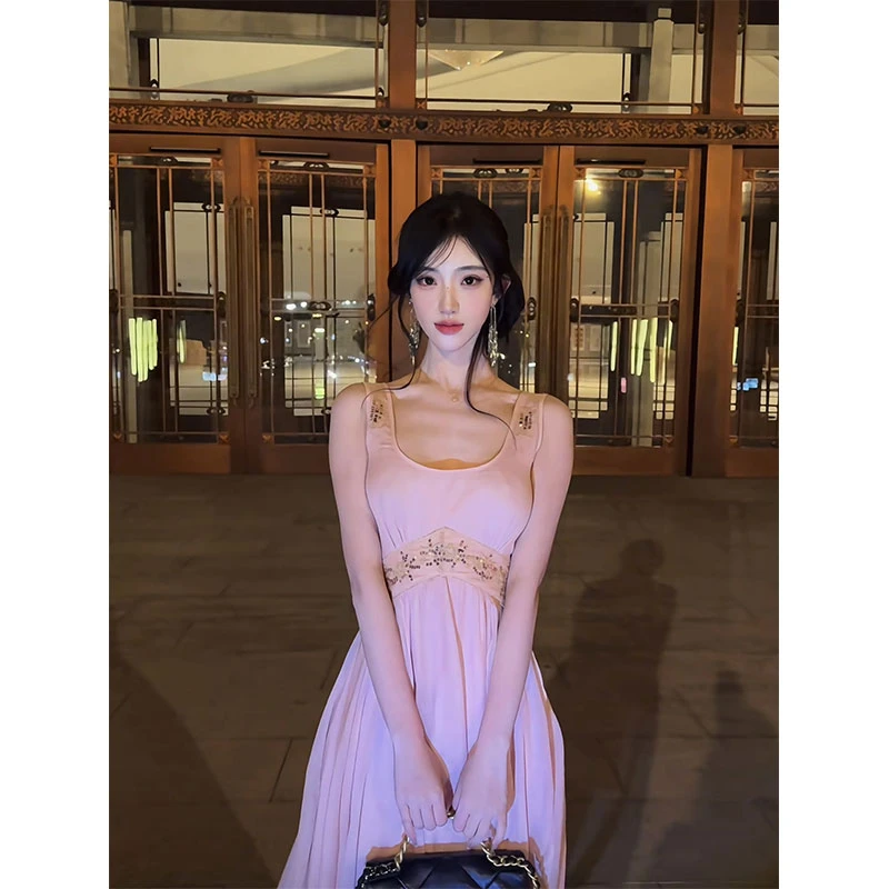 ins法式名媛风收腰长款裙子女2025夏季新款超仙轻奢钉珠吊带长裙