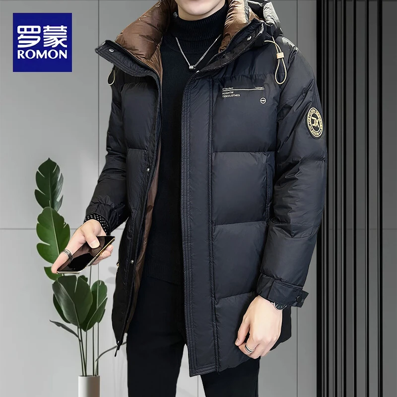 罗蒙中长款羽绒服男冬季加厚2025新款连帽黑色白鸭绒青年保暖潮牌