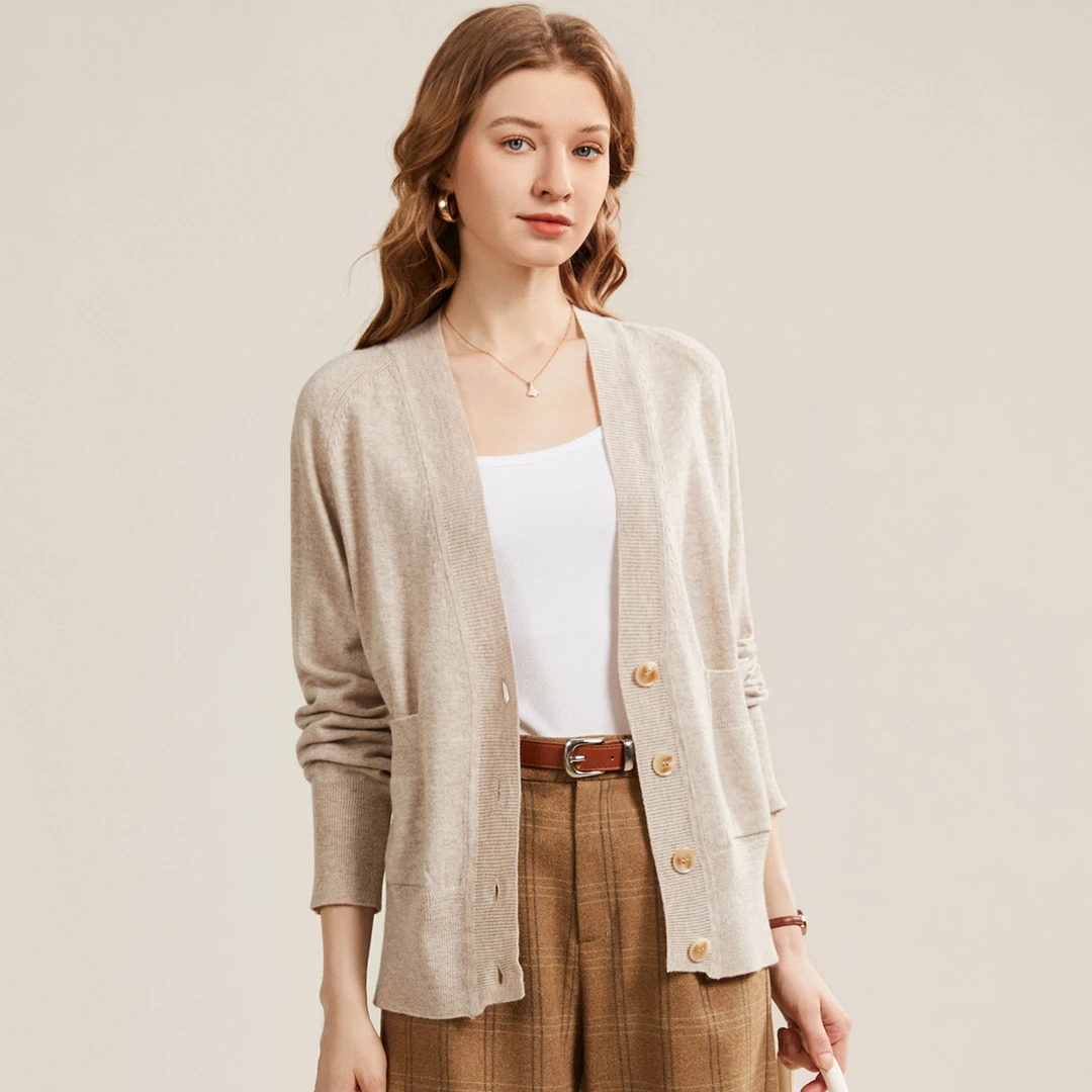 《粉丝专享》100%羊毛V领口袋单排扣百搭女士针织开衫羊毛衫647312