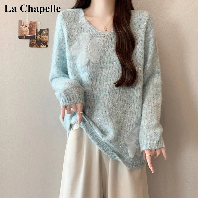 拉夏贝尔秋冬季韩系钉珠花朵套头V领针织衫女慵懒风宽松百搭毛衣