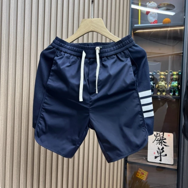 潮流拼接针织短裤时尚夏季男士四分裤弹力休闲直筒短裤纯色透气款