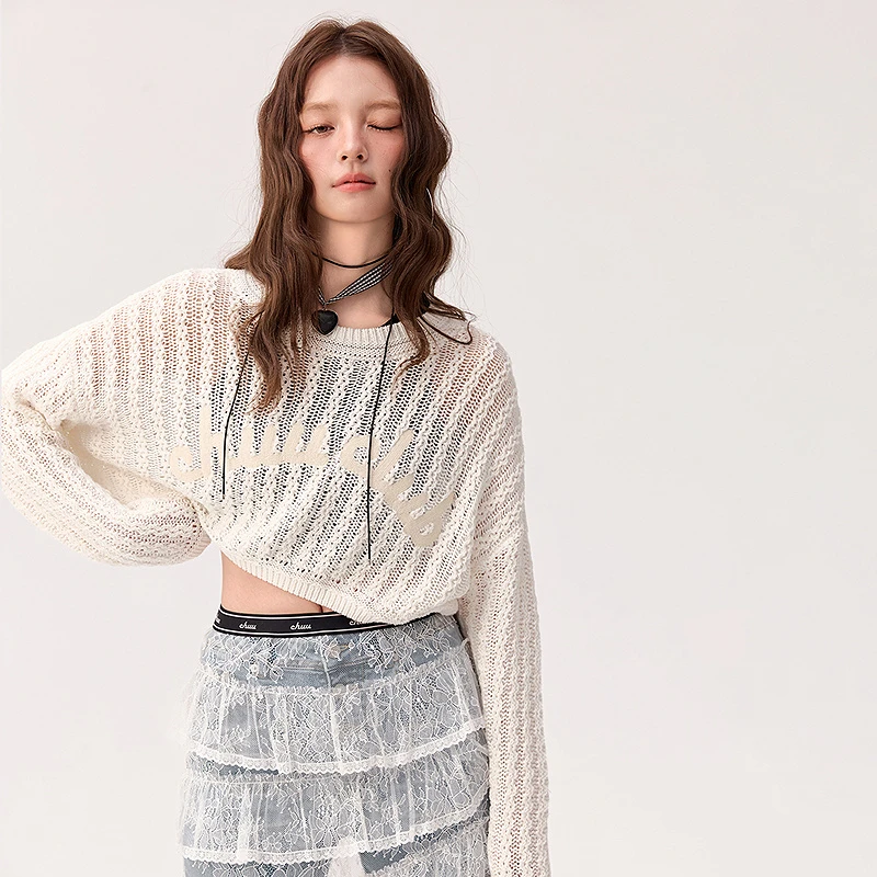 【5】CHUU圆领镂空设计叠穿显瘦辣妹上衣学院风针织衫FHNC008J
