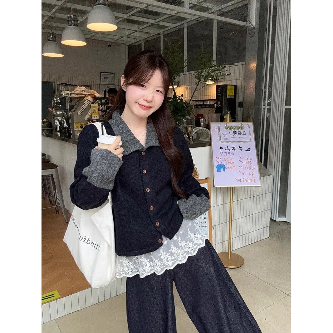 韩版宽松显瘦设计感条纹POLO领针织衫女长袖2025新款慵懒外搭上衣