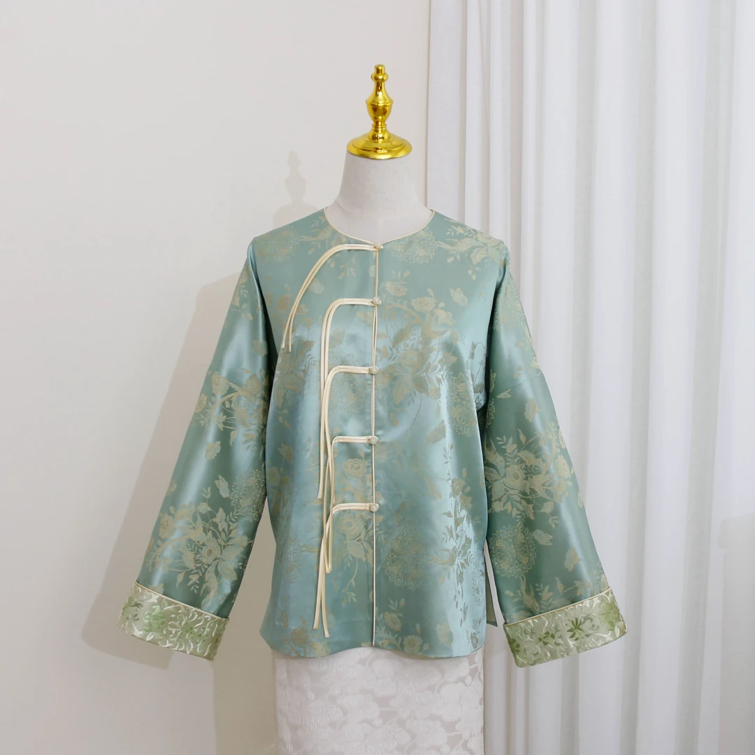 中式国风女装 复古手工刺绣 中国风圆领对襟设计花边提花刺绣上衣