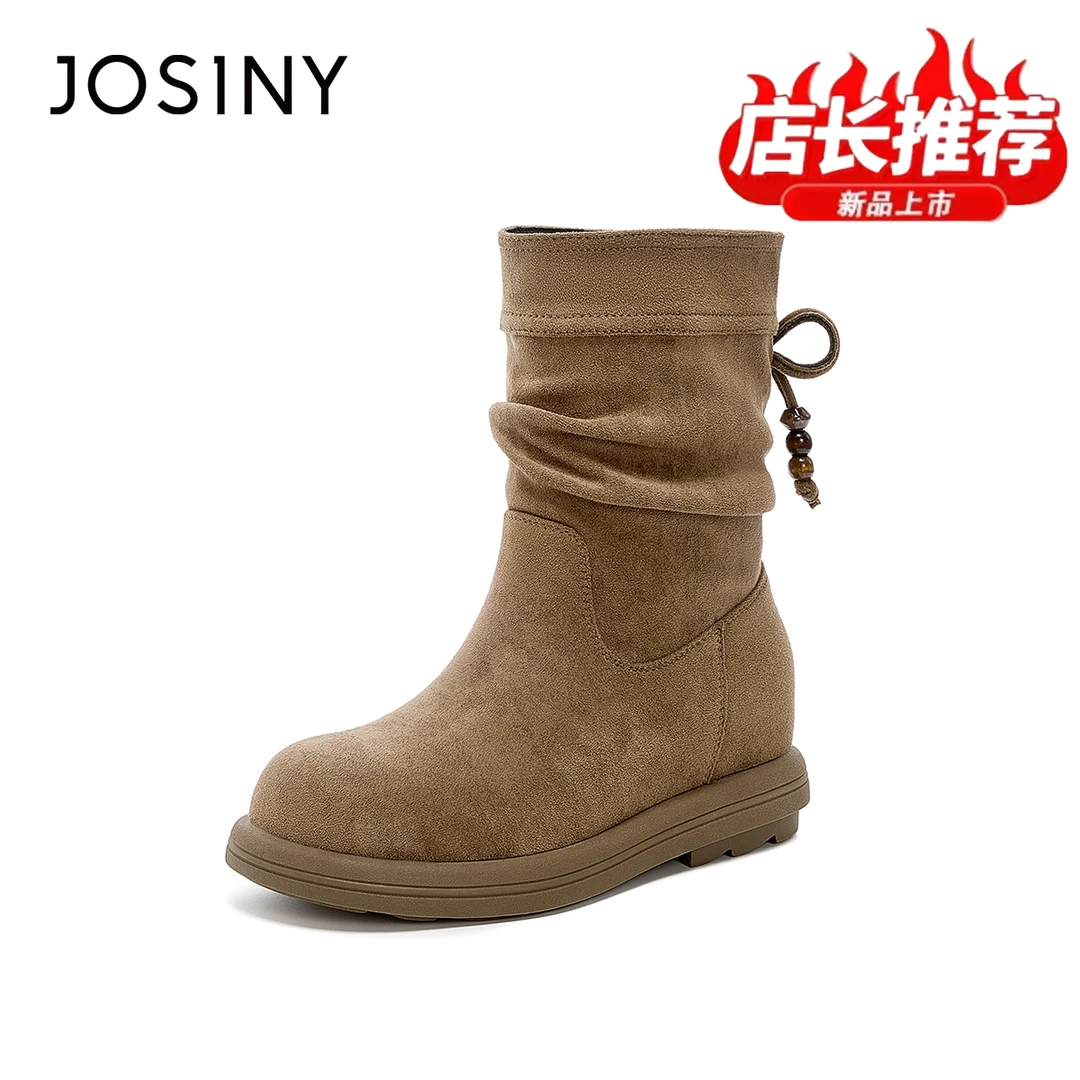 卓诗尼复古民族风蝴蝶结串珠短靴2025秋季新款百搭褶皱马丁靴女款