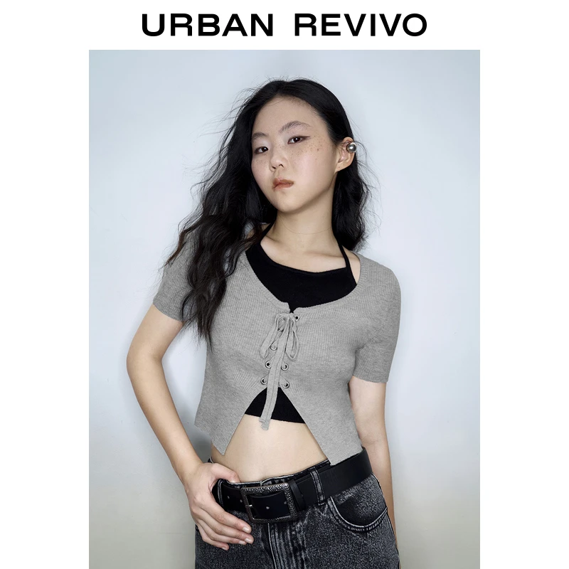 UR女装时髦高阶设计感假两件绑绳挂脖针织T恤UWV930024