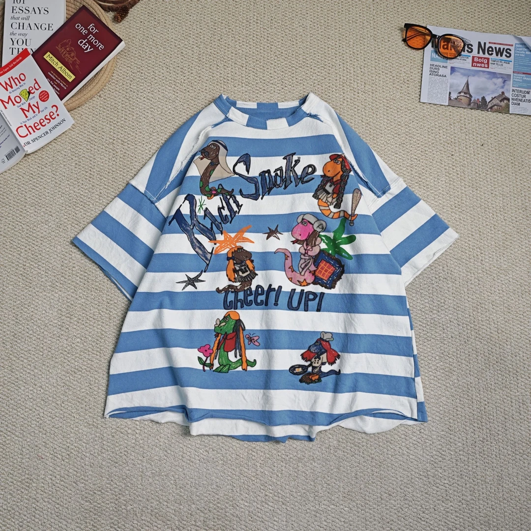 2025春季新款宽松百搭时尚卡通印花条纹短袖T恤9013