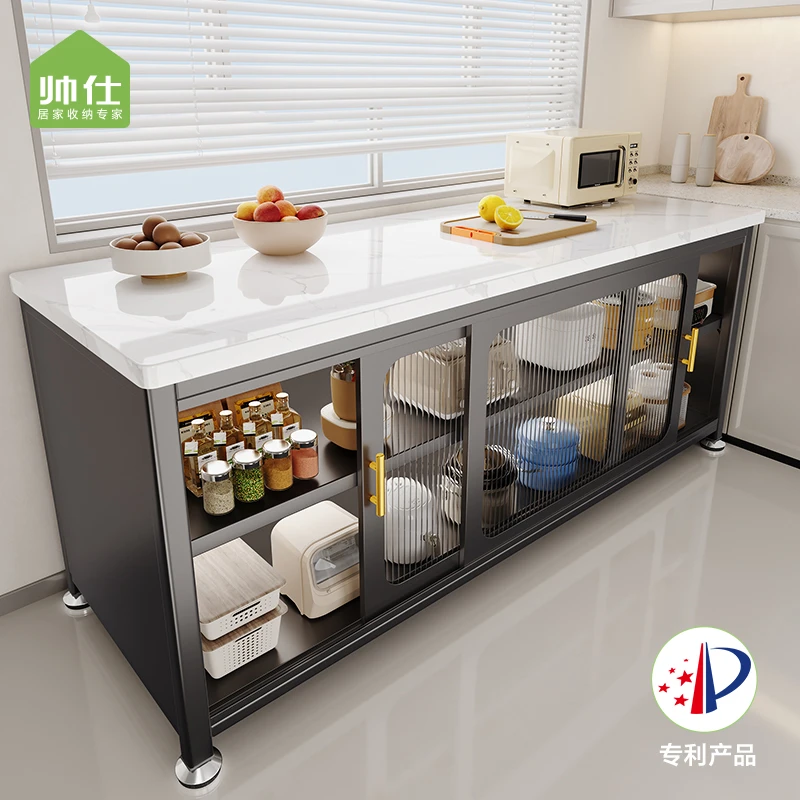 推拉门岩板厨房收纳柜置物架切菜操作台层高可调收纳储物柜餐边柜