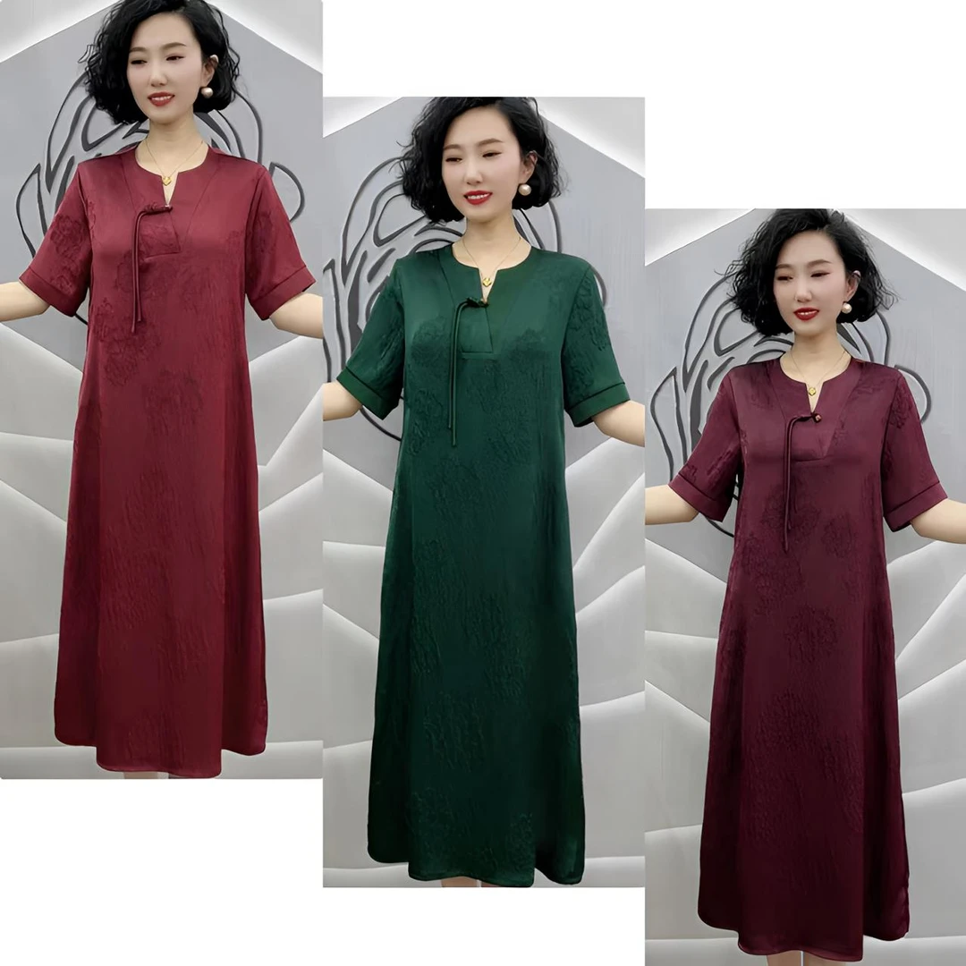 8826 新式浮雕花妈妈裙 花式V领步摇浮雕提花显瘦连衣裙