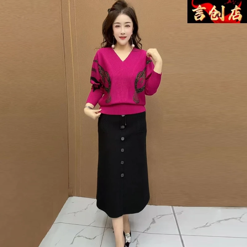 9070阔太太高端妈妈宽松蝙蝠袖秋冬V领遮肉显瘦长袖打底针织衫