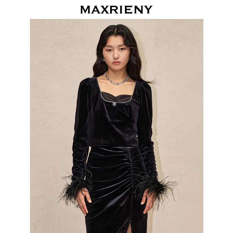 【诗语专属】MAXRIENY率性鸵鸟毛拼接丝绒上衣打底衫