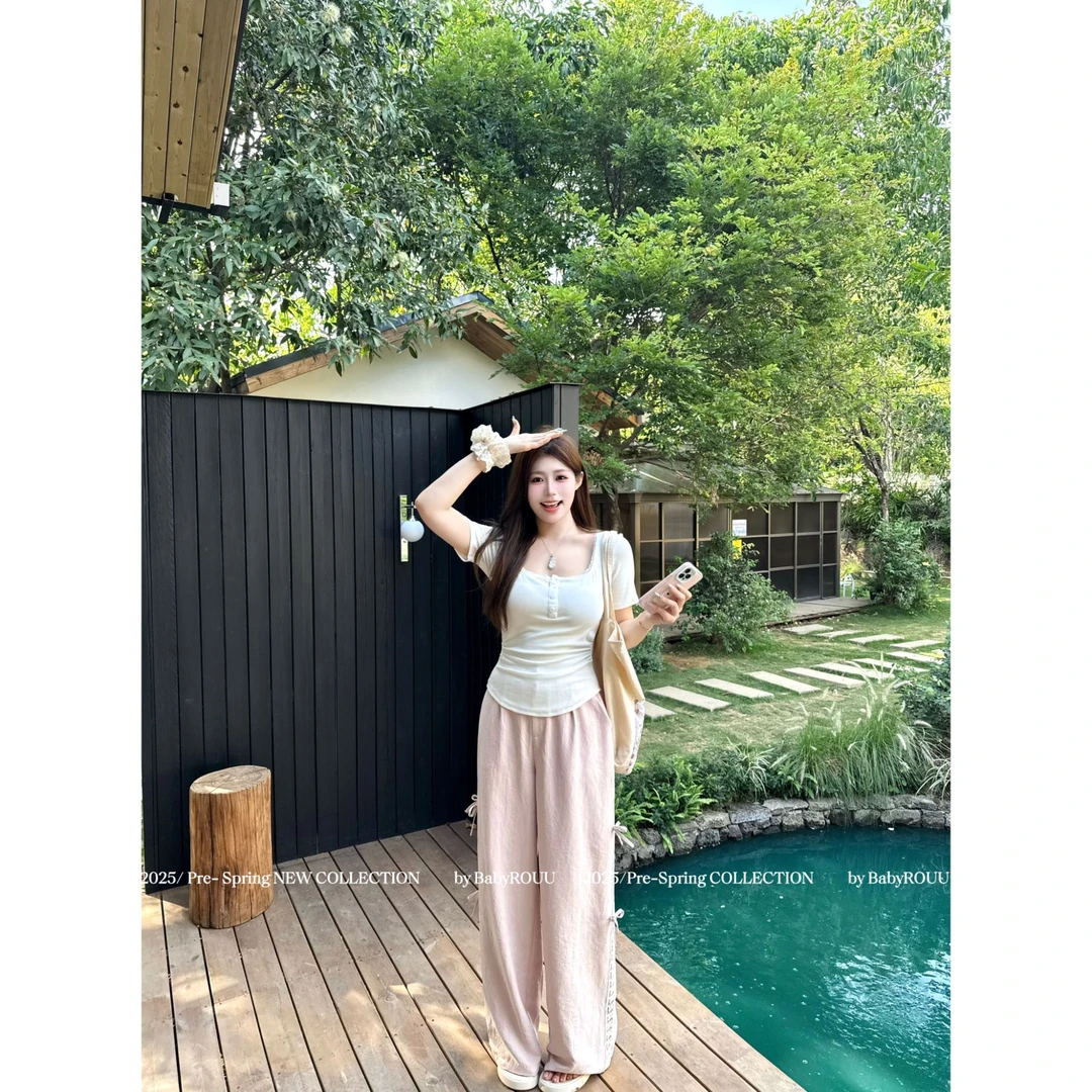 【现货】【蝴蝶蕾丝裤】奶油色系蝴蝶结长裤柔软亲肤丝滑蕾丝直筒裤