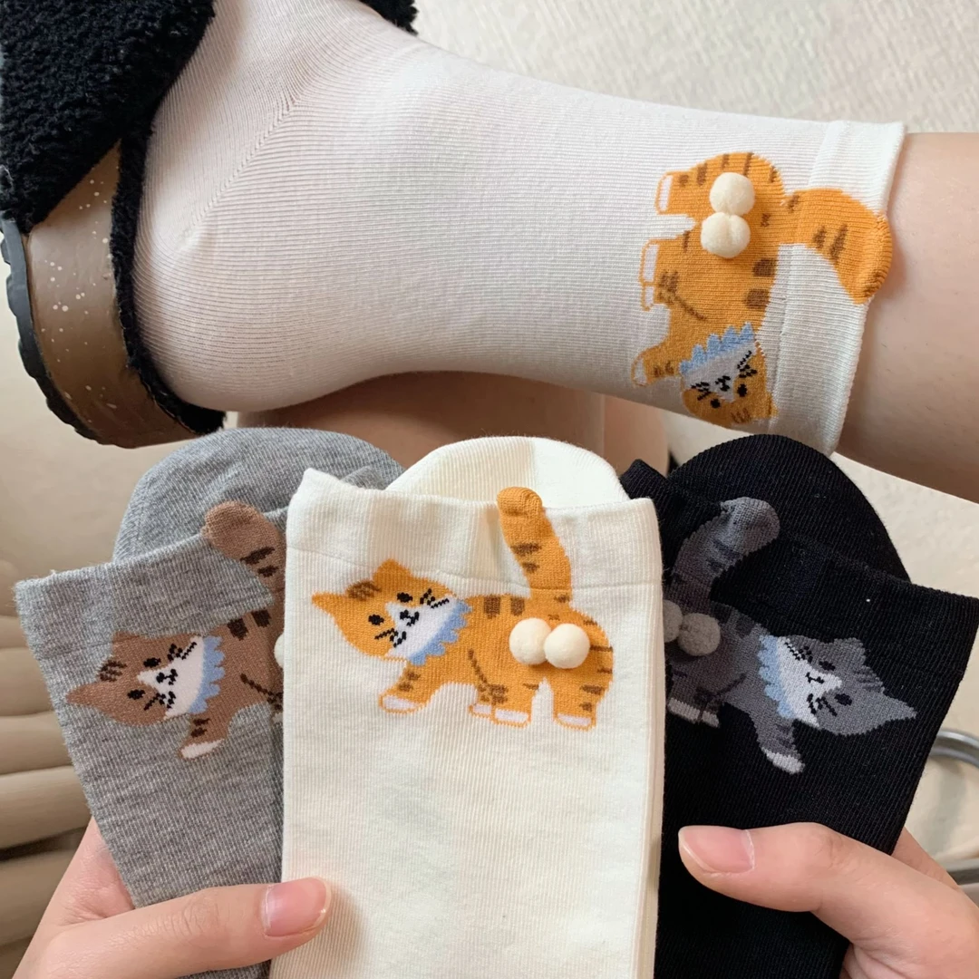 白色袜子女士中筒春秋百搭搞怪卡通灰色可爱猫咪蛋蛋堆堆夏天长袜