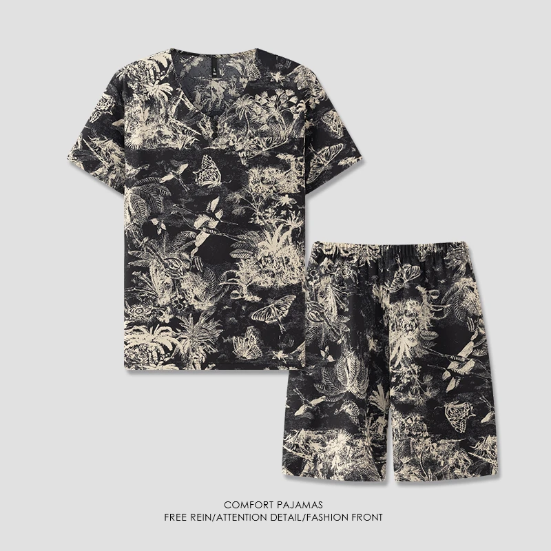 【好福份】冰爽丝夏季V领套头男款睡衣家居服套装-泼墨25196