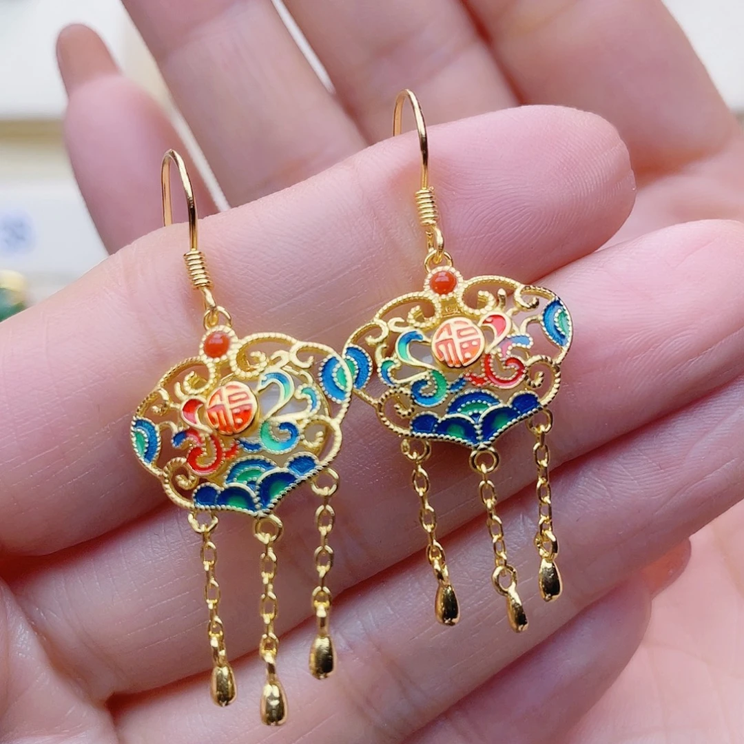 和田玉银S925镀金镶嵌耳饰