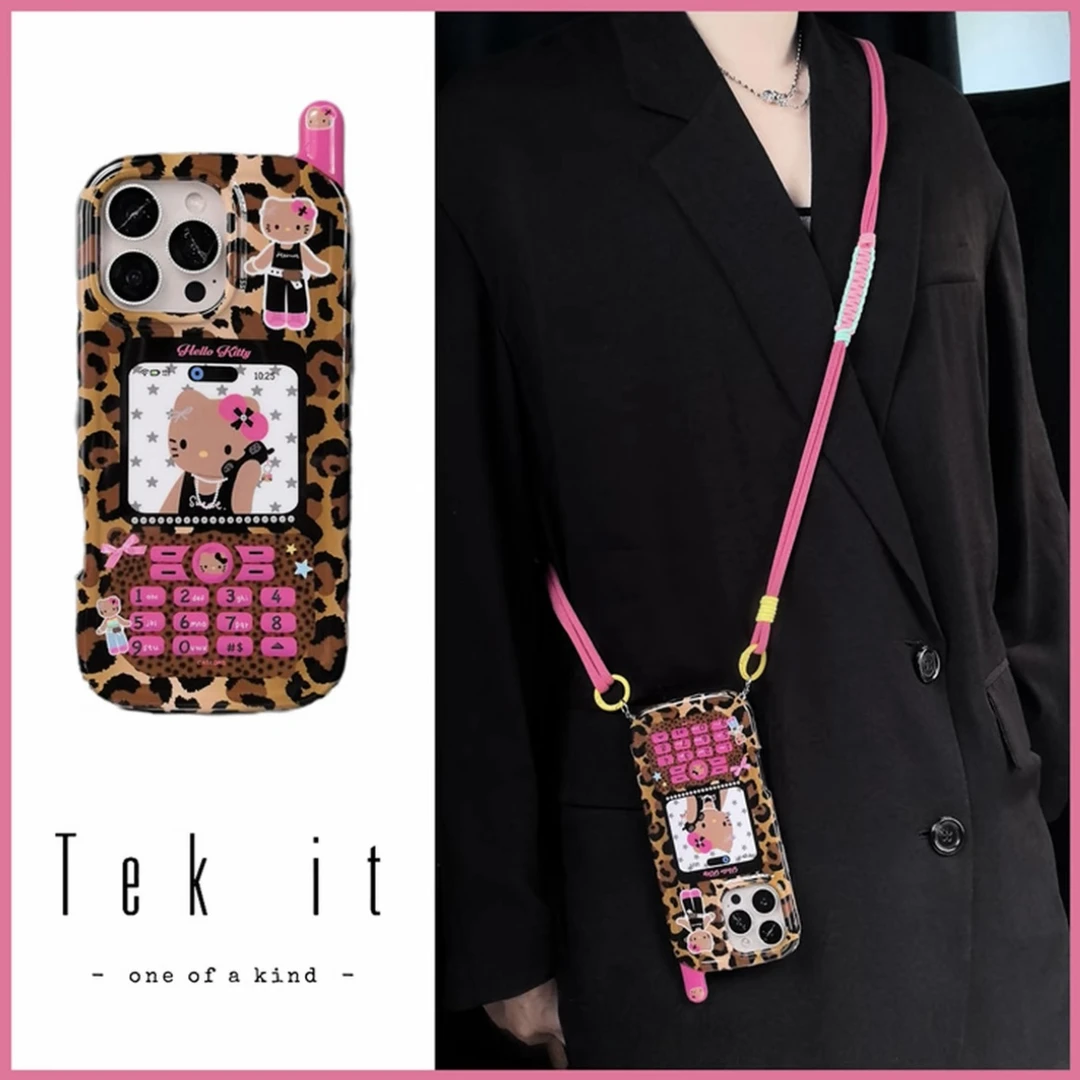 ins古早豹纹kt猫大哥大造型适用苹果16pro手机壳iPhone15pro新14