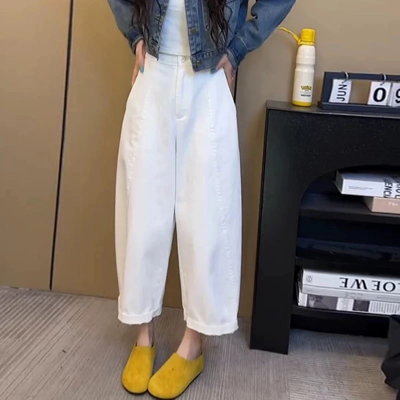 【纯棉】白色简约弯刀休闲裤2025年夏季新款梨形高腰显瘦九分阔腿裤