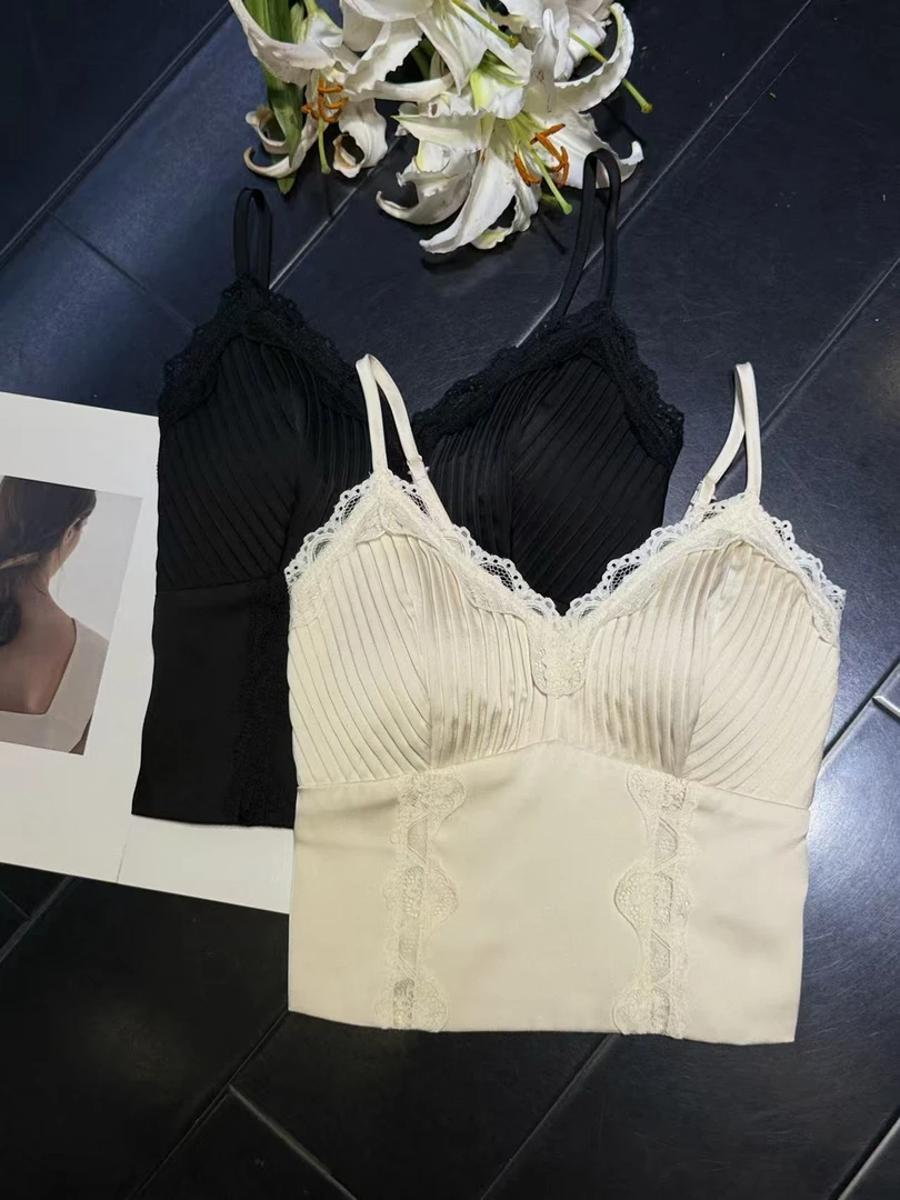 深圳欧货重工拼接蕾丝吊带高级感醋酸背心女带胸垫无袖美背上衣