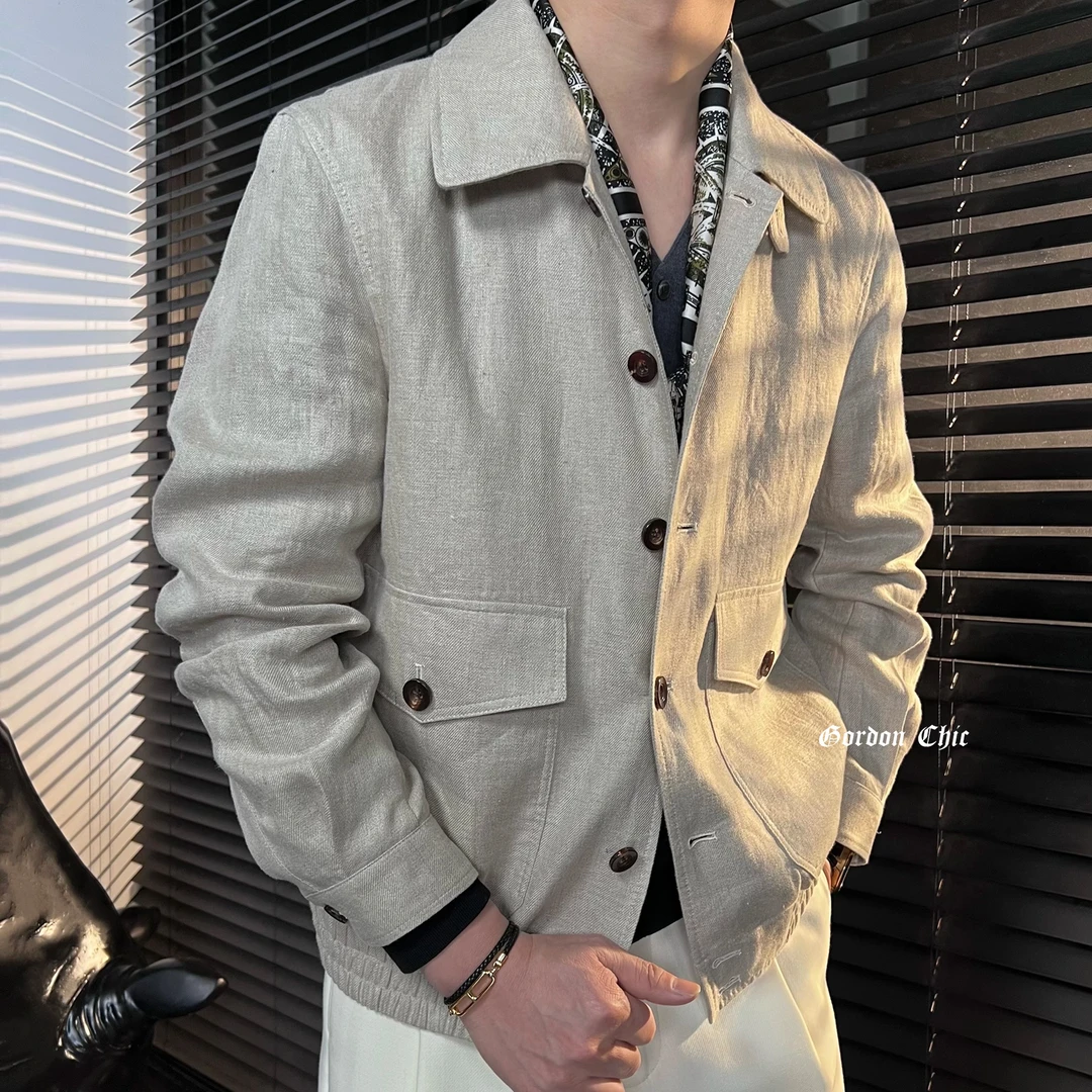 GordonChic 春季男士纯欧麻意式翻领手工夹克工装外套25020