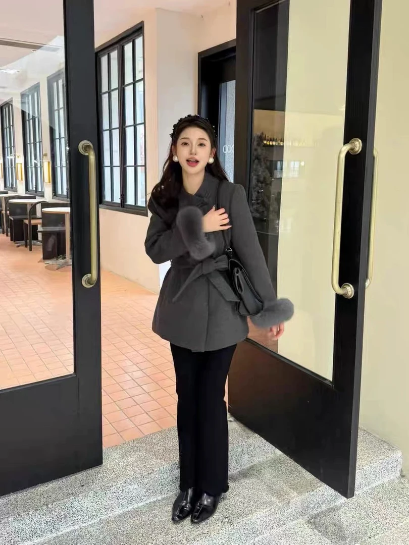 毛袖口呢大衣女欧货2024冬季新款国风西装外套潮