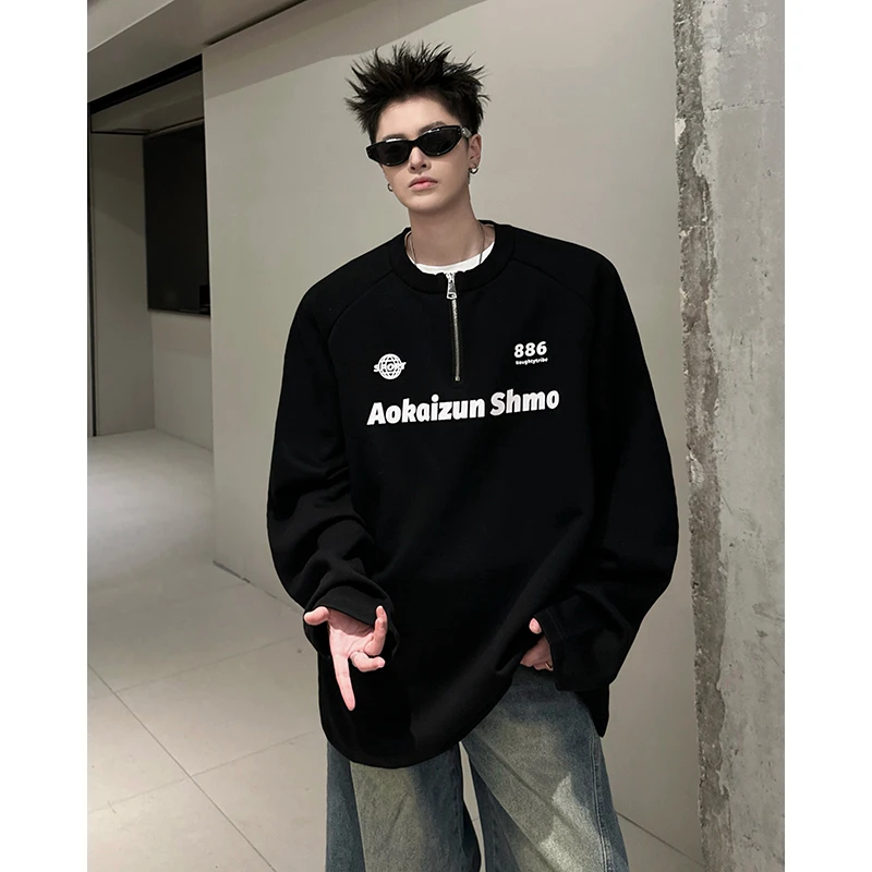 撞色拼接条纹卫衣男春季美式潮牌半拉链情侣上衣设计感百搭赛车服