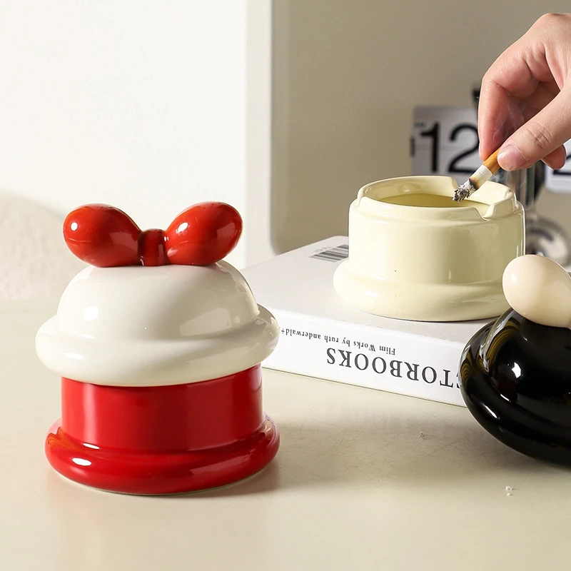 高级感轻奢创意可爱蝴蝶结烟灰缸带盖防飞灰办公室茶几客厅家摆件