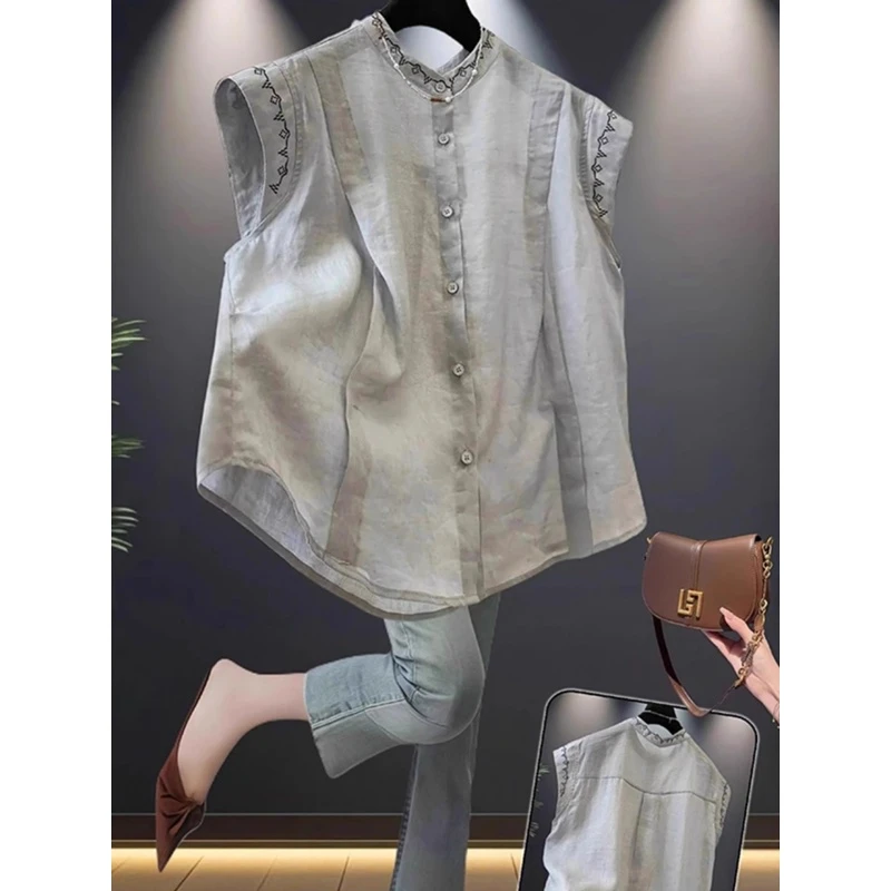 【特大码300斤】高级感无袖苎麻衬衫夏季2025新款宽松薄款洋气小衫