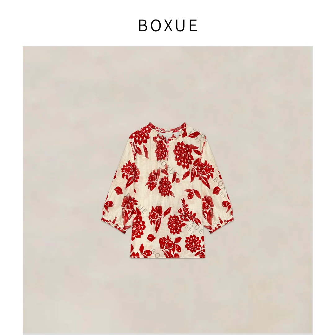 BOXUE“花画”2025夏季新款高级感天.丝麻红花轻奢 T恤#250525T8888