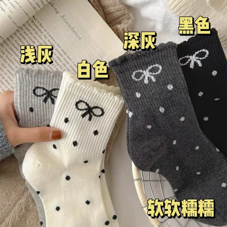 TATKSR8双春秋女袜波点花边蝴蝶结中筒袜百搭潮袜学院风女袜日系