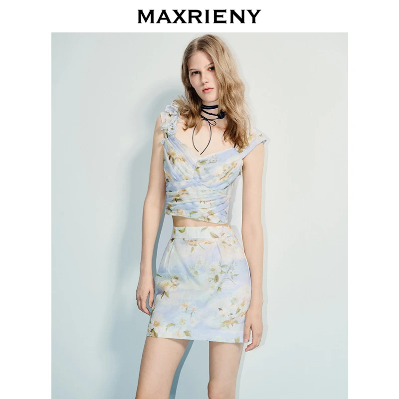 MAXRIENY25年夏季新款浪漫薄荷绿亚麻小衫显瘦吊带上衣碎花短款