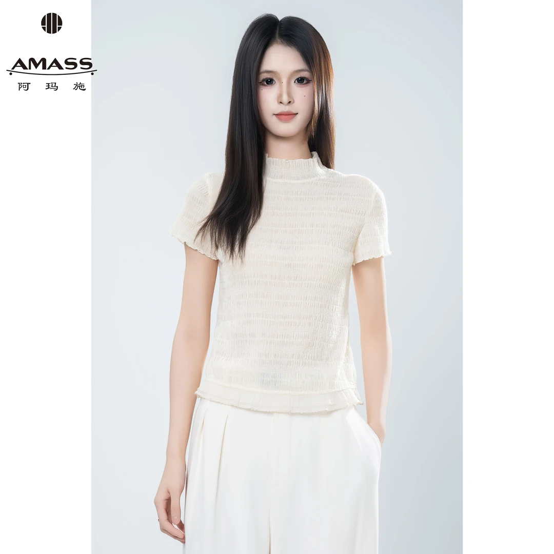AMASS/阿玛施春夏新款时尚木耳边肌理优雅修身显瘦短袖T恤 530063
