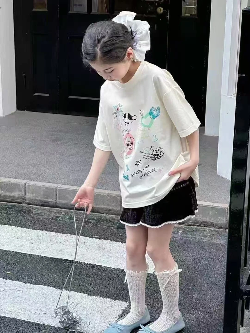 糖依果家 2025儿童宽松休闲杏色短T378