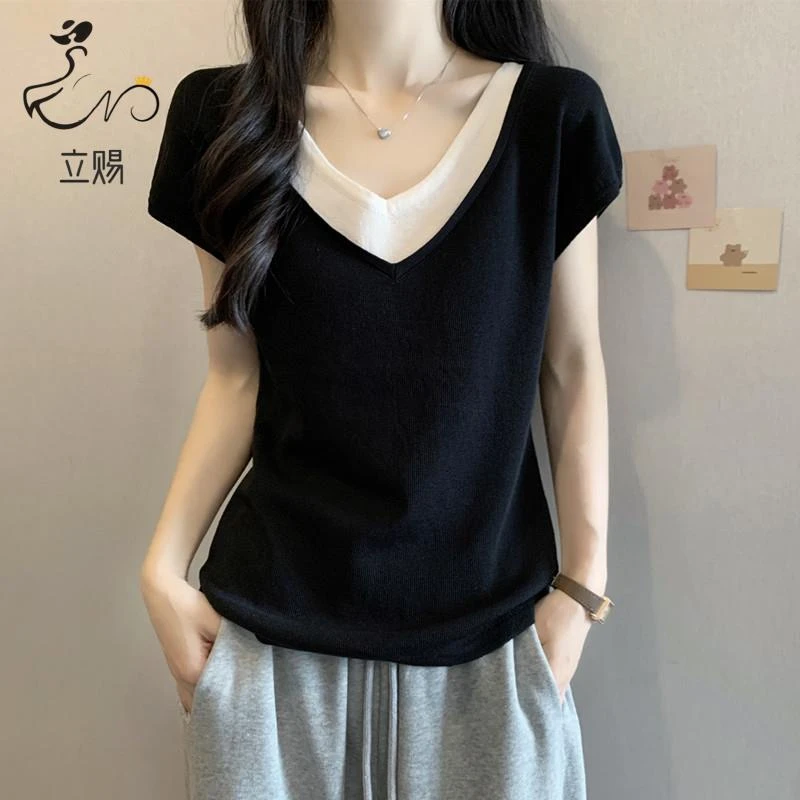 立赐大码女装黑色V领假两件短袖T恤女夏季胖MM显瘦遮肉时尚打底衫