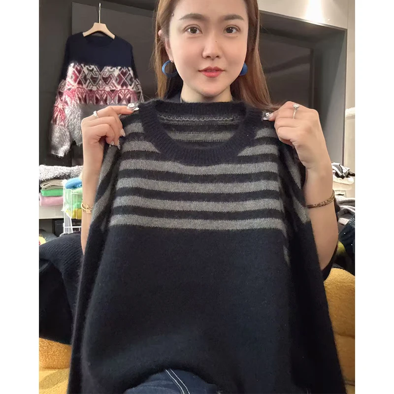 五线谱」简约~秋冬新款条纹提花圆领时尚百搭宽松套头毛衣-5609