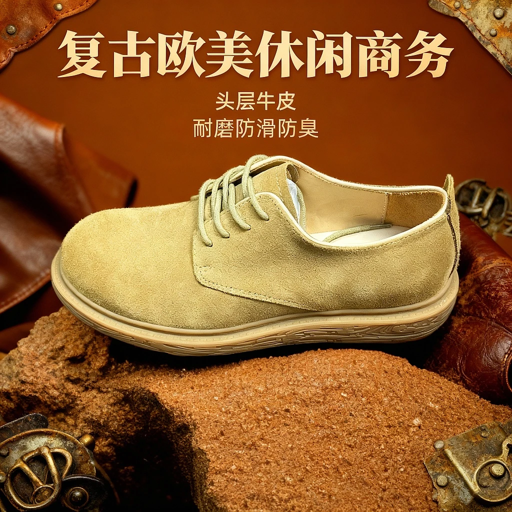 进口防水反绒牛皮男休闲皮鞋男户外工装复古欧美风休闲时尚透气